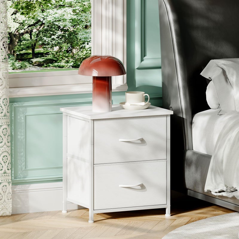 Somdot Nightstand, Small 2 Drawer Dresser End Table, Chest of Drawers, Bedside Table Night Stand End Table with Fabric Bins for Bedroom Kids Closet Dorm Guest Room, White Leather - Image 2