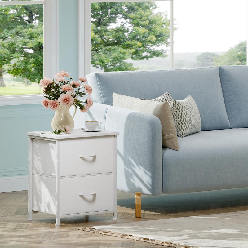 Somdot Nightstand, Small 2 Drawer Dresser End Table, Chest of Drawers, Bedside Table Night Stand End Table with Fabric Bins for Bedroom Kids Closet Dorm Guest Room, White Leather - Image 4