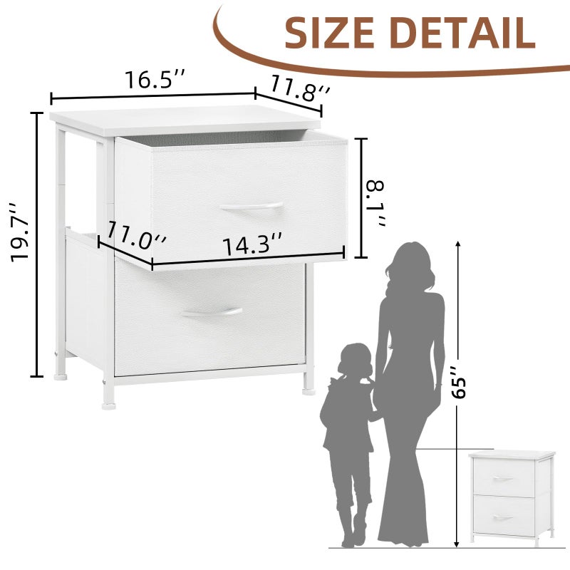 Somdot Nightstand, Small 2 Drawer Dresser End Table, Chest of Drawers, Bedside Table Night Stand End Table with Fabric Bins for Bedroom Kids Closet Dorm Guest Room, White Leather - Image 3