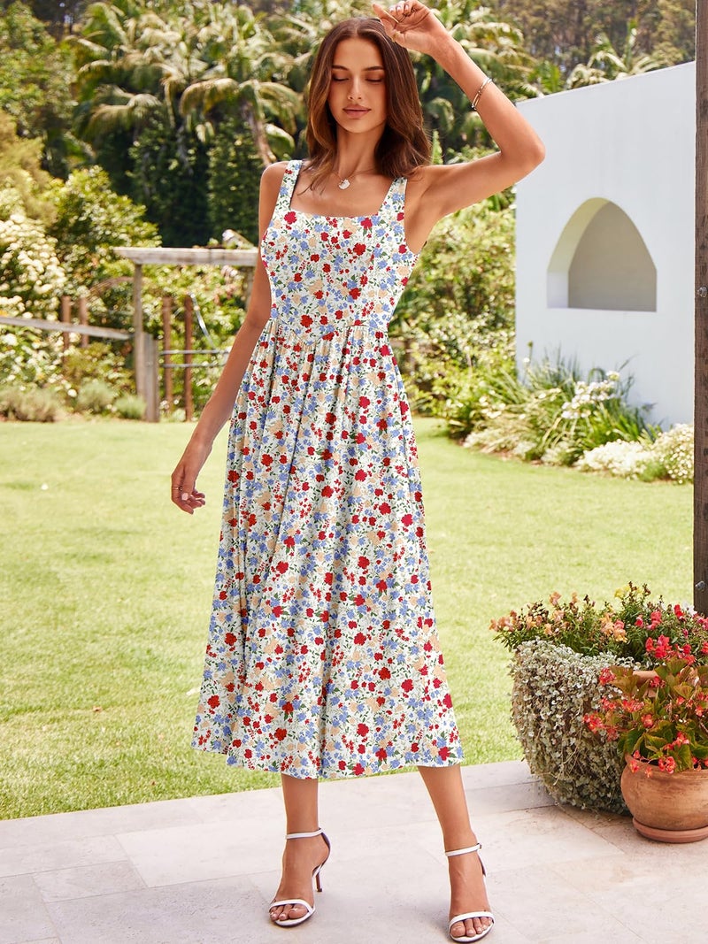 YATHON Spring Dresses for Women 2026 Floral Square Neck Midi Cottagecore Renaissance Dress Garden Party Vacation Attire (YT638-Blue Red F 01,M) - Image 4