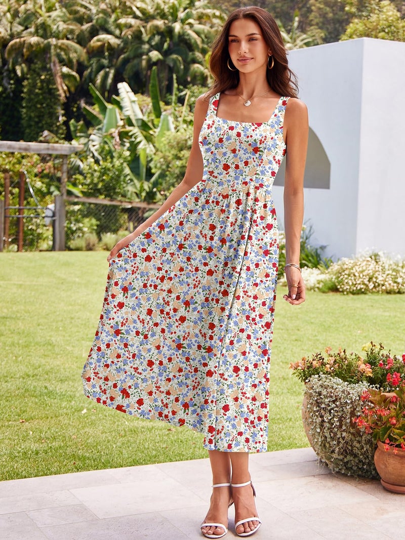 YATHON Spring Dresses for Women 2026 Floral Square Neck Midi Cottagecore Renaissance Dress Garden Party Vacation Attire (YT638-Blue Red F 01,M) - Image 3
