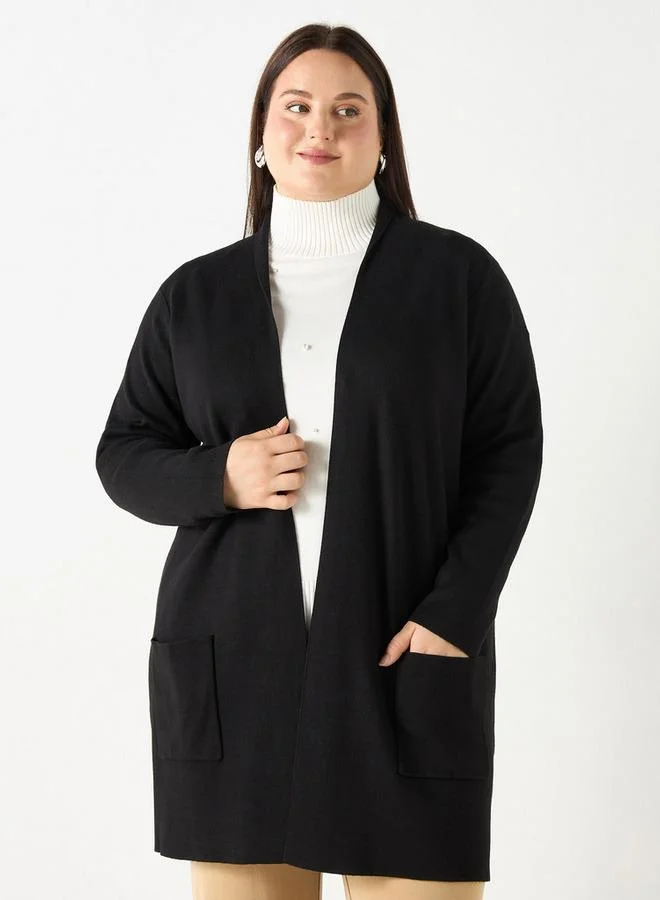 Ulla Popken Plus Size Ulla Popken Solid Open Front Cardigan with Pockets