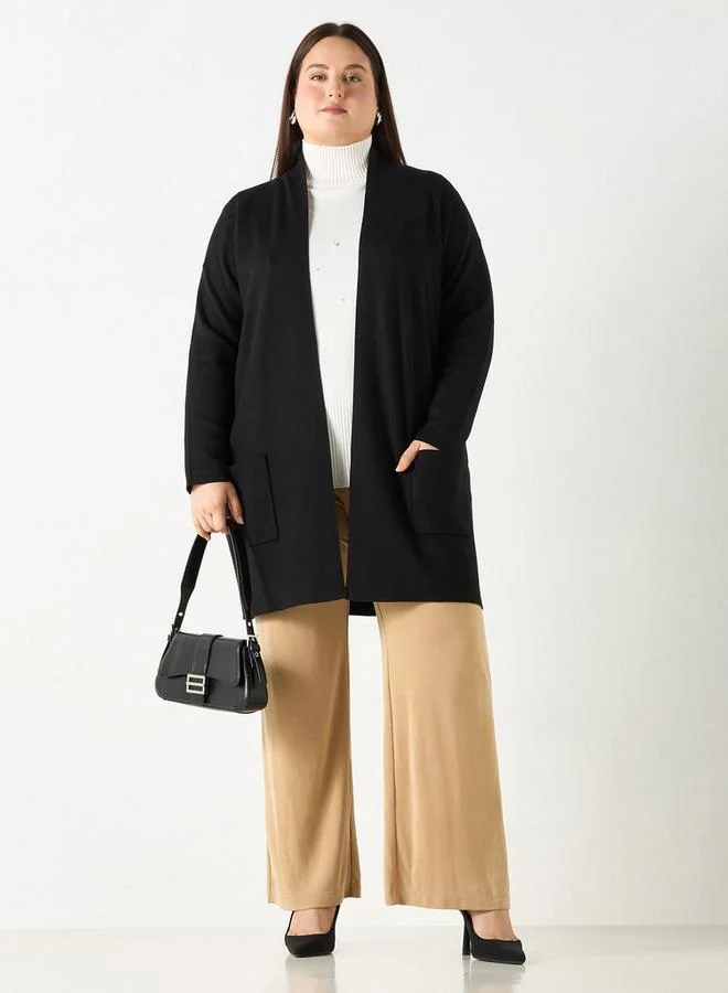 Ulla Popken Plus Size Ulla Popken Solid Open Front Cardigan with Pockets