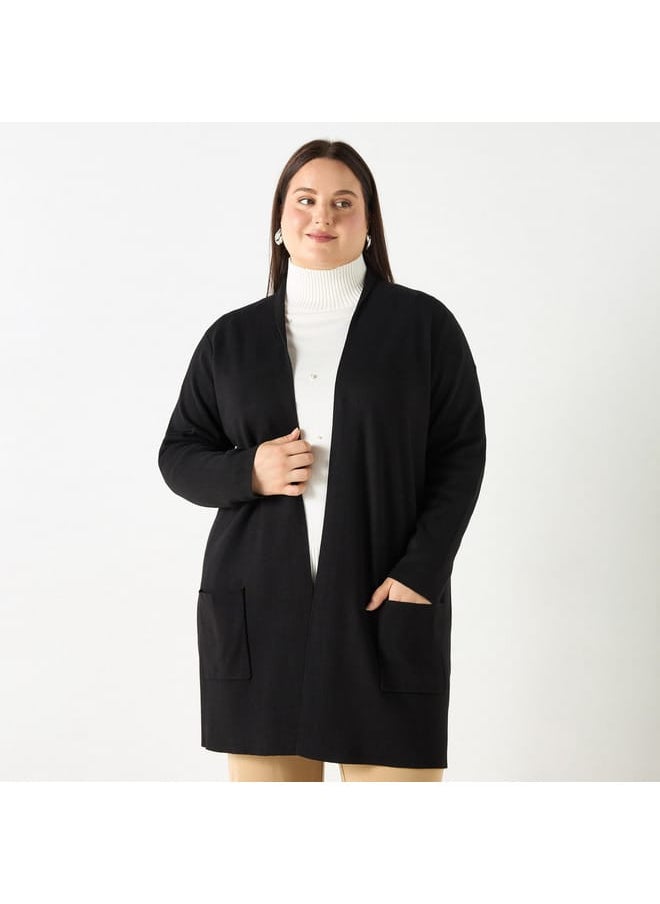 Ulla Popken Plus Size Ulla Popken Solid Open Front Cardigan with Pockets  - Image 1