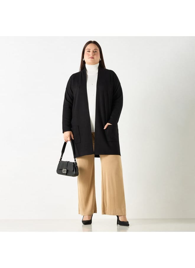 Ulla Popken Plus Size Ulla Popken Solid Open Front Cardigan with Pockets  - Image 2