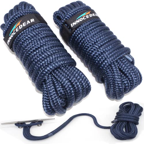 INNOCEDEAR 2 Pack Premium Navy Blue Dock Lines - 3/8 inch x 15 Feet with Eyelet.Double Braided Nylon Dock Line/Mooring Lines.Hi-Performance Marine Boats Ropes - Image 1