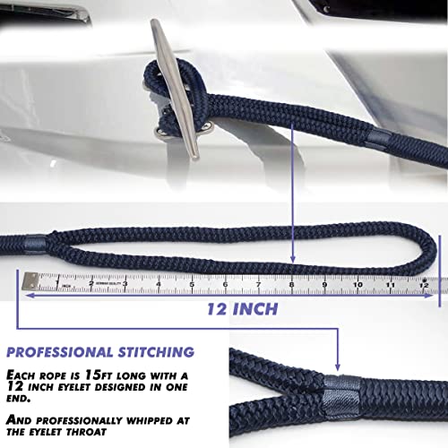 INNOCEDEAR 2 Pack Premium Navy Blue Dock Lines - 3/8 inch x 15 Feet with Eyelet.Double Braided Nylon Dock Line/Mooring Lines.Hi-Performance Marine Boats Ropes - Image 4