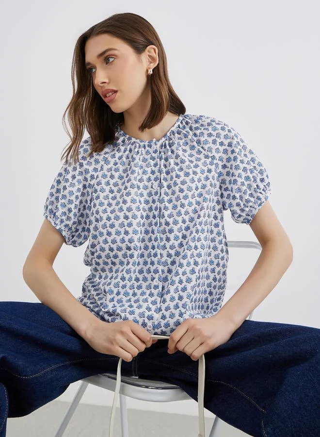 تايك تو Take Two All-Over Print Puff Sleeves Tie-Up Neck Blouse