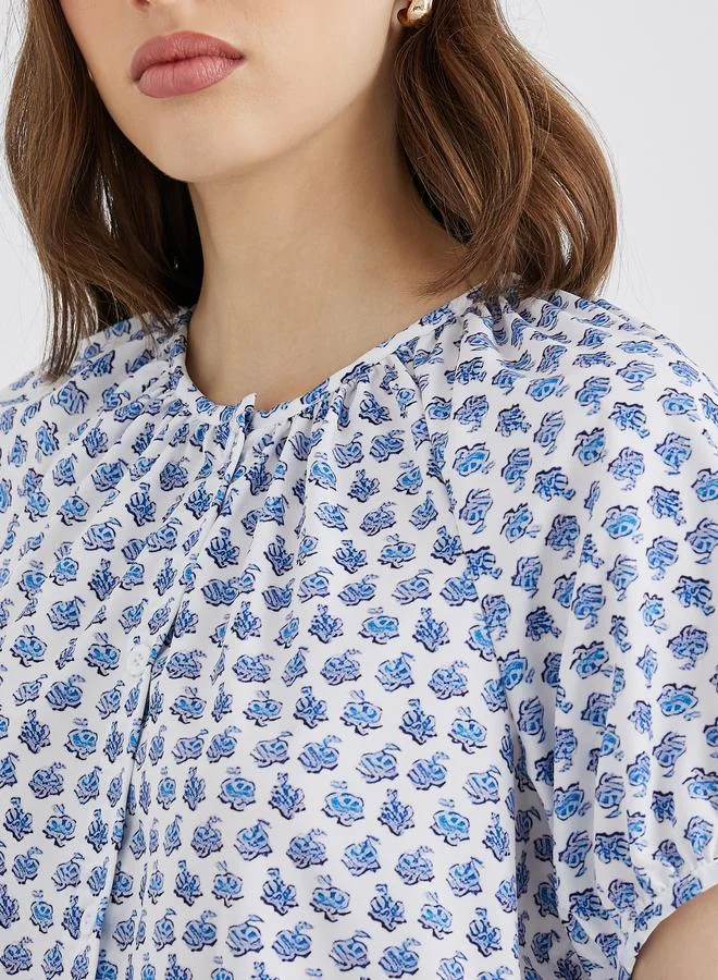 Take Two Take Two All-Over Print Puff Sleeves Tie-Up Neck Blouse