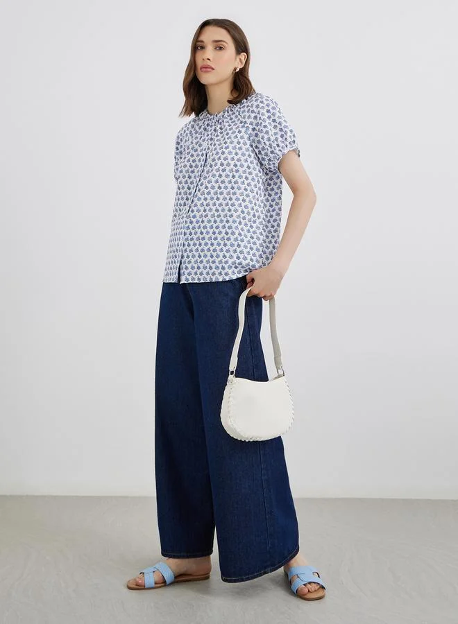 Take Two All-Over Print Puff Sleeves Tie-Up Neck Blouse