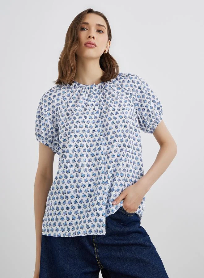 Take Two All-Over Print Puff Sleeves Tie-Up Neck Blouse