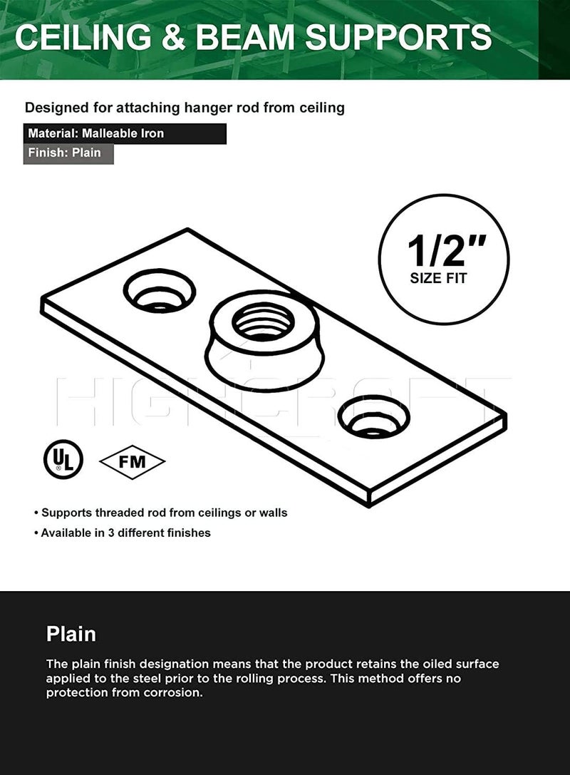 HIGHCRAFT PLTB12-20 Ceiling Flange; Hanger Plate for 1/2 in. Threaded Rod (Not Pipe), for DYI Plumbing and Industrial Decor, 1-3/8 W x 3-5/16 L, Iron, Black - Image 5