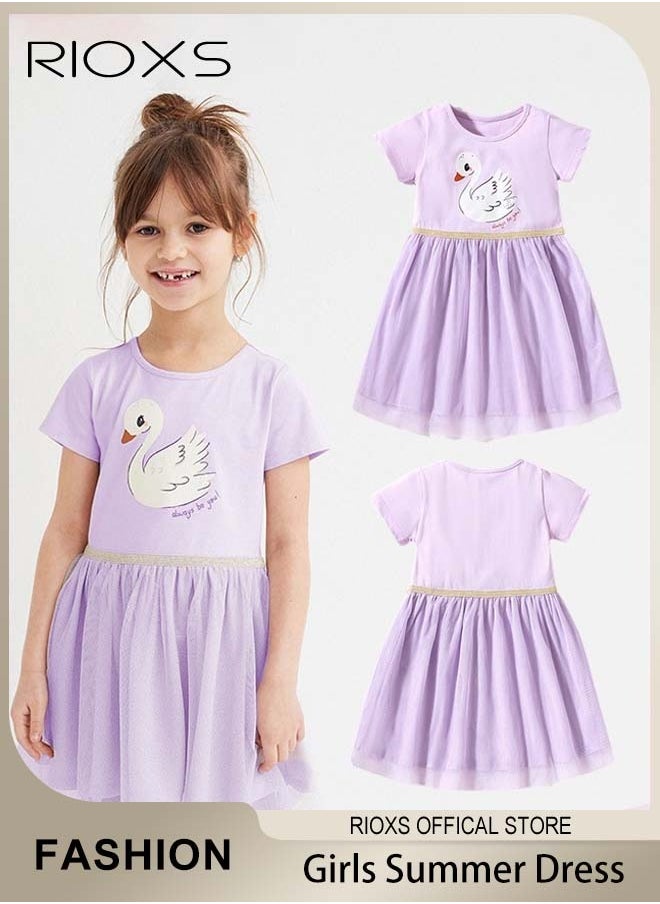 RIOXS - Girls Printed A-line Tutu Dress, Round Neck Short Sleeve Dress, Cotton Princess Summer Dress, Wonderful Summer Dresses for Girls, Crafted from Cotton Top and Tulle Skirt, Comfortable to Wear - Image 1