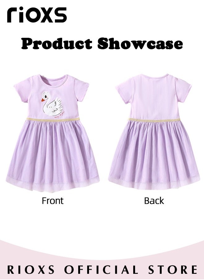 RIOXS - Girls Printed A-line Tutu Dress, Round Neck Short Sleeve Dress, Cotton Princess Summer Dress, Wonderful Summer Dresses for Girls, Crafted from Cotton Top and Tulle Skirt, Comfortable to Wear - Image 1