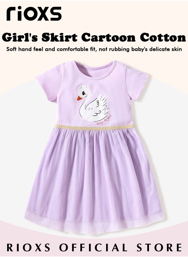 RIOXS - Girls Printed A-line Tutu Dress, Round Neck Short Sleeve Dress, Cotton Princess Summer Dress, Wonderful Summer Dresses for Girls, Crafted from Cotton Top and Tulle Skirt, Comfortable to Wear - Image 1