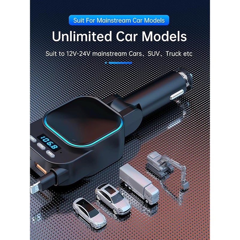 شاحن سيارة قابل للسحب 96 واط مع جهاز ارسال اف ام بلوتوث 5.3، محول سيارة USB C سريع الشحن 4 في 1 لايفون 16 15 14 13 12، مكالمات بدون استخدام اليدين، تشغيل الموسيقى اللاسلكي، اضاءة خلفية (رمادي) - Image 5