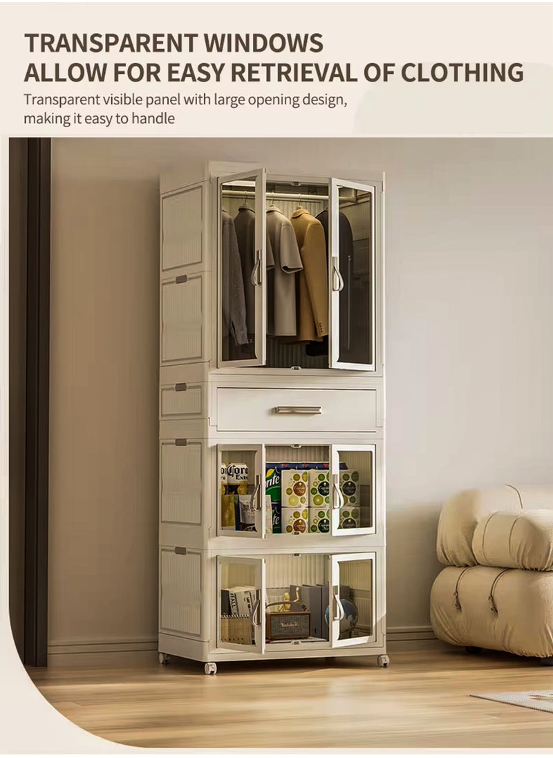 DBLEW Portable Kids Wardrobe Closet with Hanging Rod Stackable Plastic Storage Cabinet Transparent Doors Baby Clothes Organizer Boxes Foldable Children’s Safe Design for Bedrooms Playrooms Nurseries  - Image 5