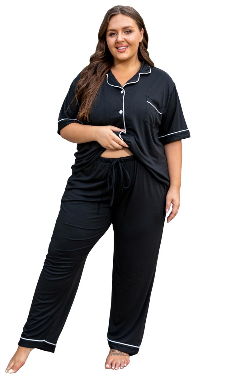 Vozanet Women's Plus Size Pajamas Button Down Shirt and Pants Soft Lounge Sets Bride Nighty Bottom with Pockets 1x to 5x, Black, 3X-Large - Image 1