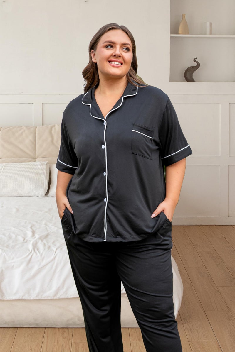 Vozanet Women's Plus Size Pajamas Button Down Shirt and Pants Soft Lounge Sets Bride Nighty Bottom with Pockets 1x to 5x, Black, 3X-Large - Image 3