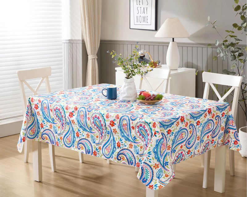 Newbridge Boho Chic Paisley Vinyl Tablecloth with Flannel Backing 52 x 70 Inch Rectangle Blue Red and Pink Floral Print Wipe Clean Table Cover for Dining Entertaining and Everyday Use