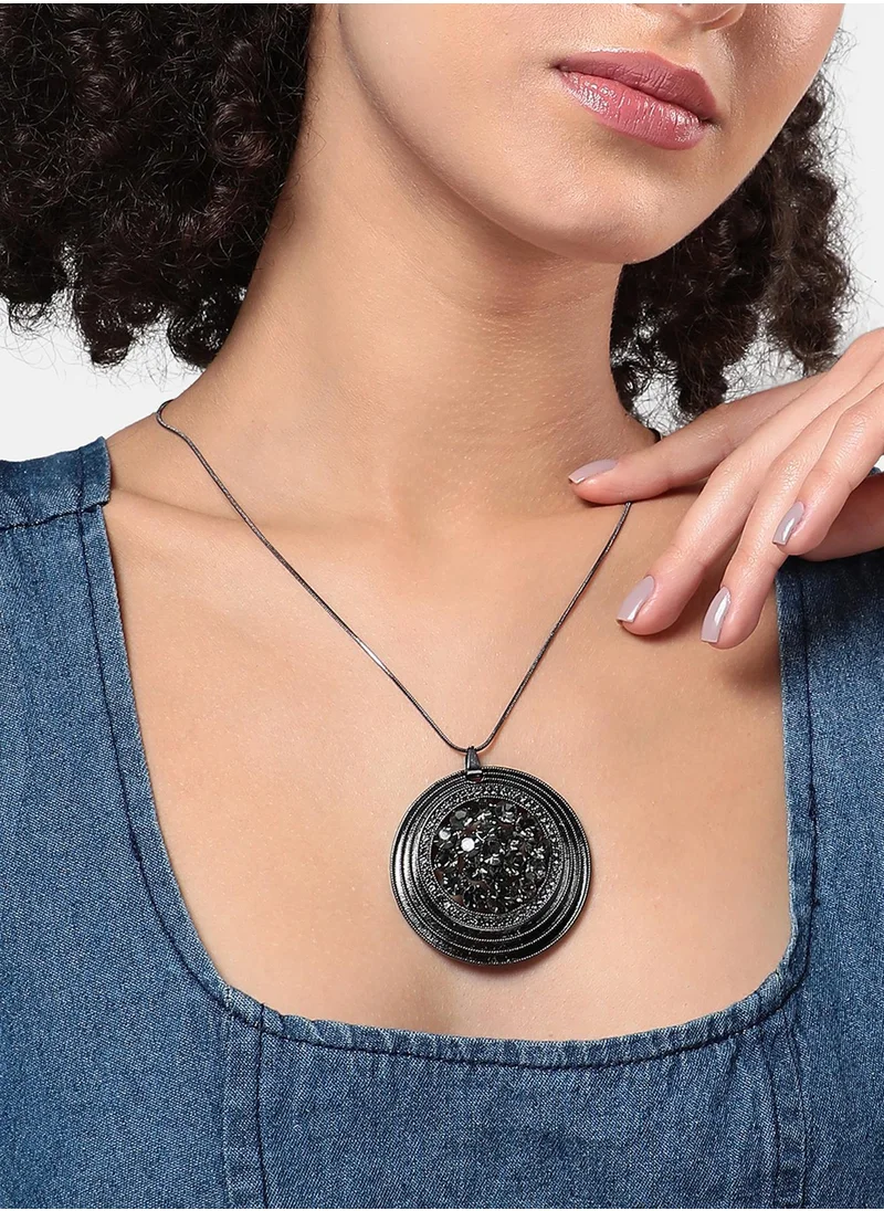 SOHI Embellished Circular Pendant Necklace - Dark Silver-Colour