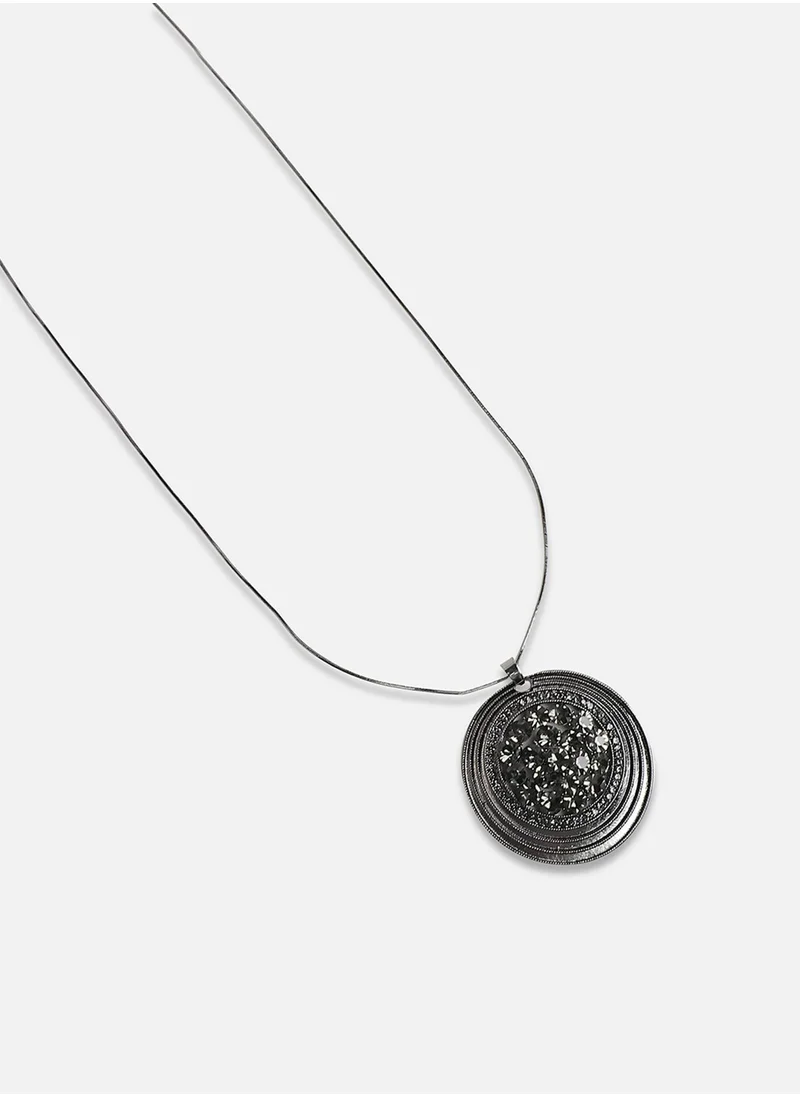 SOHI Embellished Circular Pendant Necklace - Dark Silver-Colour