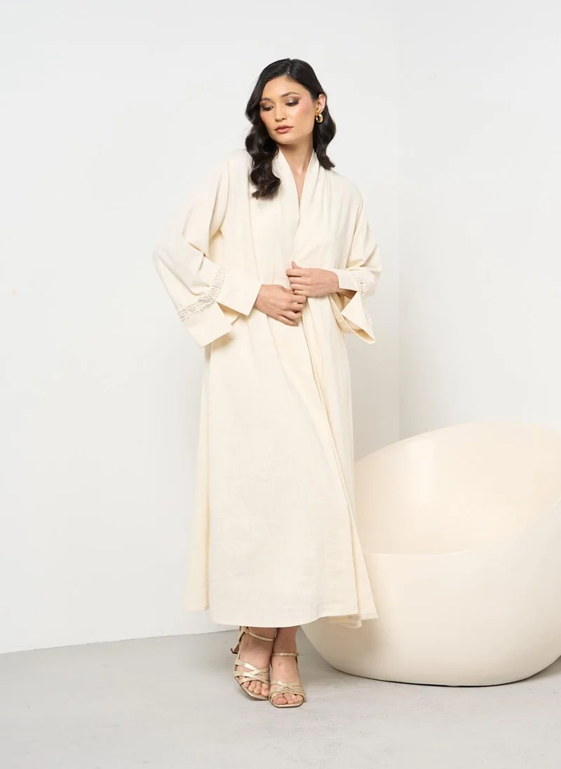 Couturelabs Ivory Linen Abaya with Pearl Detailing and Sheila