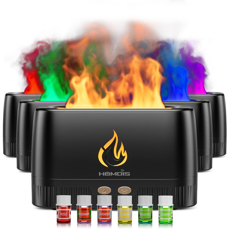 HOMDIS Essential Oil Diffusers Quiet Flame Diffuser 7 Colors Modes Changed Light Flame Humidifer Auto Shut Off Aromatherapy Diffuser Black