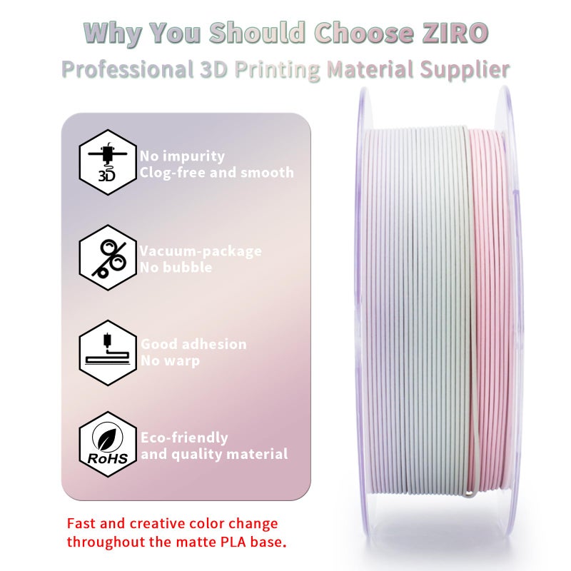 ZIRO Fast Color Changing PLA Filament, 1.75mm Color Gradient Material, Matte Rainbow PLA Filaments, Dimensional Accuracy +/- 0.03mm, fit Most 3D Printer, No Shiny Surface, 1kg/2.2lbs, Morandi - Image 3