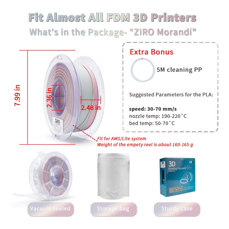 ZIRO Fast Color Changing PLA Filament, 1.75mm Color Gradient Material, Matte Rainbow PLA Filaments, Dimensional Accuracy +/- 0.03mm, fit Most 3D Printer, No Shiny Surface, 1kg/2.2lbs, Morandi - Image 5