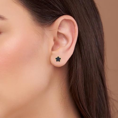 VAMA FASHIONS 18K Gold Plated Outline Lucky Five Petal Leaf Clover Stud Anti Tarnish Earrings Set 2 Pairs Black & White Enamel Studs for Women Girls - Image 2