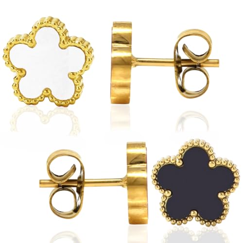 VAMA FASHIONS 18K Gold Plated Outline Lucky Five Petal Leaf Clover Stud Anti Tarnish Earrings Set 2 Pairs Black & White Enamel Studs for Women Girls - Image 1