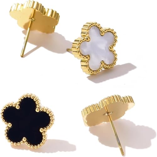 VAMA FASHIONS 18K Gold Plated Outline Lucky Five Petal Leaf Clover Stud Anti Tarnish Earrings Set 2 Pairs Black & White Enamel Studs for Women Girls - Image 4