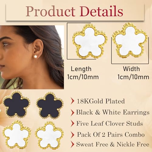 VAMA FASHIONS 18K Gold Plated Outline Lucky Five Petal Leaf Clover Stud Anti Tarnish Earrings Set 2 Pairs Black & White Enamel Studs for Women Girls - Image 3