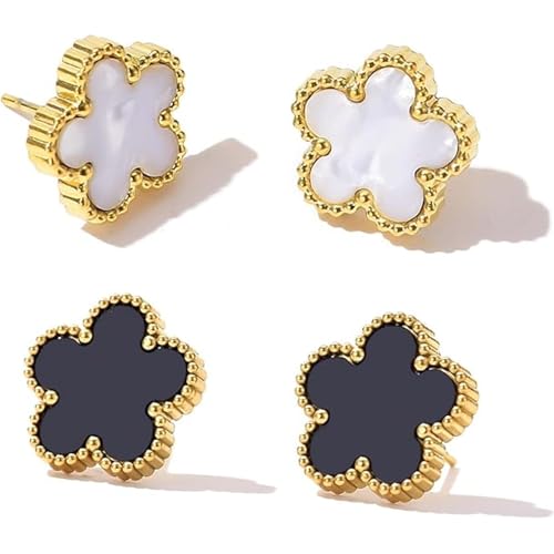 VAMA FASHIONS 18K Gold Plated Outline Lucky Five Petal Leaf Clover Stud Anti Tarnish Earrings Set 2 Pairs Black & White Enamel Studs for Women Girls - Image 5