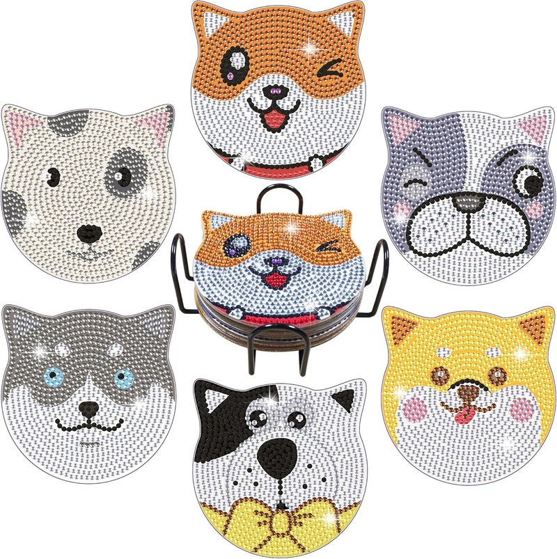 Vcekract Diamond Painting Coasters Kits, 6 Pices Dog Diamond Art Coasters with Holder, Crafts Kits for DIY Coasters, Diamond Art Kits for Adults - Image 1