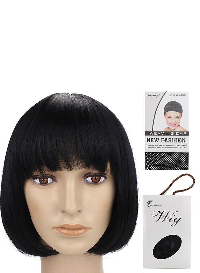 NIBEMINENT 11-Inch Straight Flat Bang Bob Black Short Synthetic Cosplay Hair Wig - Image 3
