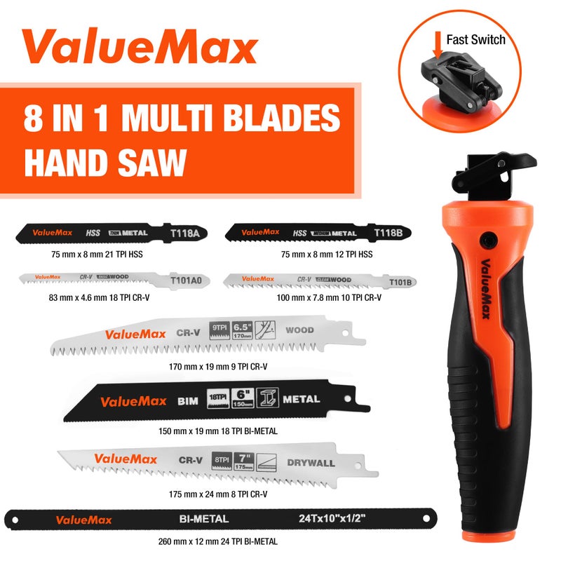 Valuemax 8-In-1 Multi-Blades Hand Saw, Quick-Change Mechanism Hacksaws with TPR Handle, Drywall/Jab/Pumpkin Carving Saw, CRV & Bimetal Blades, Handsaws for Wood, Metal, Plastic and Plywood - Image 2