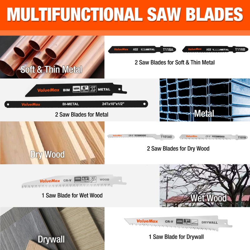 Valuemax 8-In-1 Multi-Blades Hand Saw, Quick-Change Mechanism Hacksaws with TPR Handle, Drywall/Jab/Pumpkin Carving Saw, CRV & Bimetal Blades, Handsaws for Wood, Metal, Plastic and Plywood - Image 4