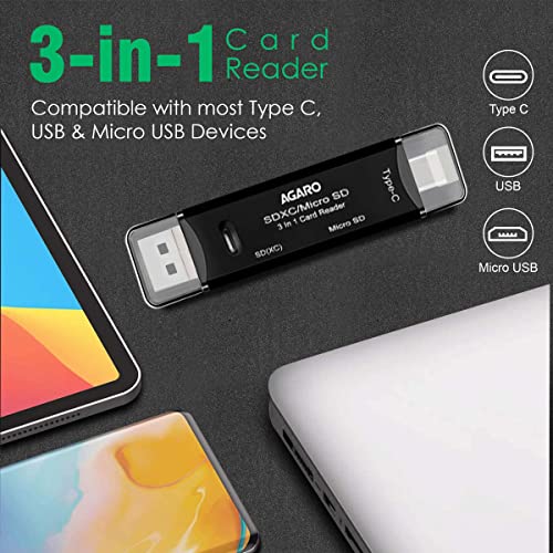 AGARO SD Card Reader, Micro SD/TF Compact Flash Card Reader, Portable Memory Card Reader with 3-in-1 USB Type C/Micro USB Male Adapter, Suitable for & PC, Laptop, Smart Phone and Tablet - Image 2