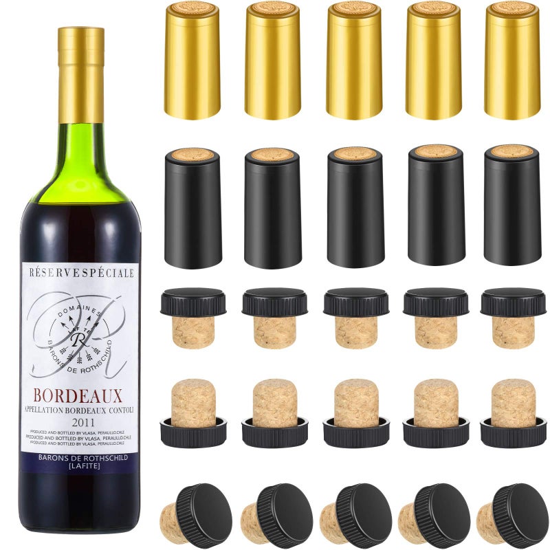 Blulu 100 Pack Wine Sealer for Wine Bottles 50 Pcs Cork Stoppers and 50 Pcs PVC Heat Shrink Capsules Bottle Resealer Kit for Cruise Home Cellars Wedding Christmas PartyGold Black