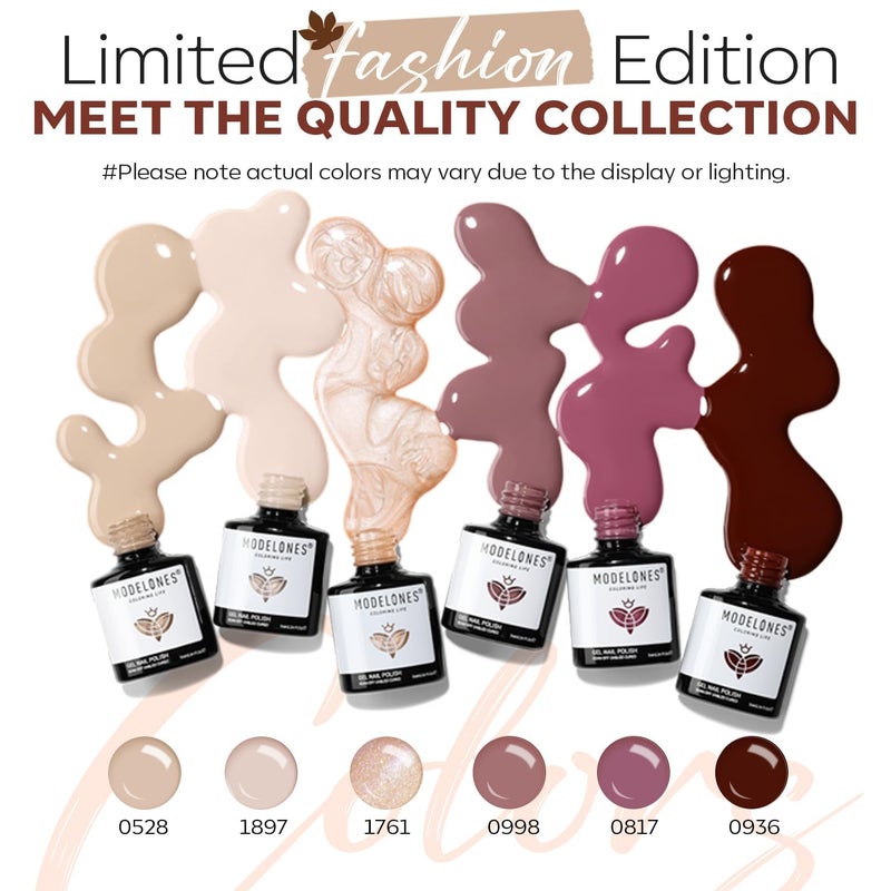 modelones Gel Nail Polish Set -6 Colors Fall Winter Nude Brown Gel Polish Kit Neutral Raspberries Purple Pearl Glitter Nail Polish Soak Off LED Starter Kit Manicure Nail Art Salon DIY Gift - Image 2