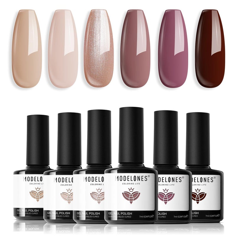 modelones Gel Nail Polish Set -6 Colors Fall Winter Nude Brown Gel Polish Kit Neutral Raspberries Purple Pearl Glitter Nail Polish Soak Off LED Starter Kit Manicure Nail Art Salon DIY Gift - Image 1