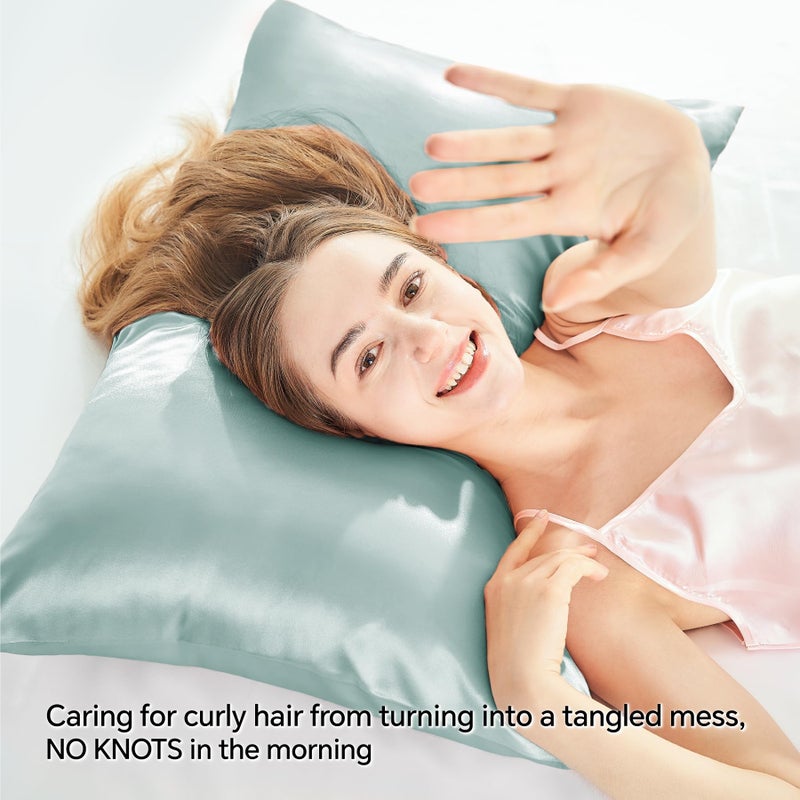 بيديليت وسادة ساتين بيدليت مع سحاب ضباب أزرق كينج الحجم وسادة مجموعة من 2 ناعمة وتبريد شبيهة بحالات وسادة الحرير هدية للنساء الرجال (20x40 بوصة) - Image 4