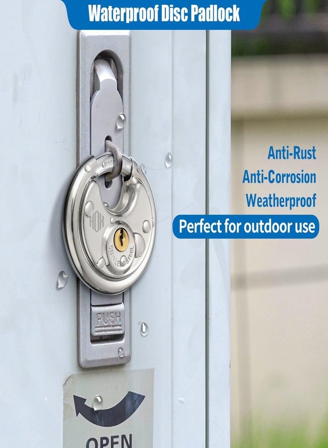 HOX Keyed Disc Padlock, Stainless Steel Keyed-Alike Padlocks, 4-Pack Heavy Duty Locks, Waterproof Outdoors Lock with 3/8 Inch Shackle, 2-3/4 Inch Wide Body, for Hasp Latch, Fences, Storage Locker - Image 5