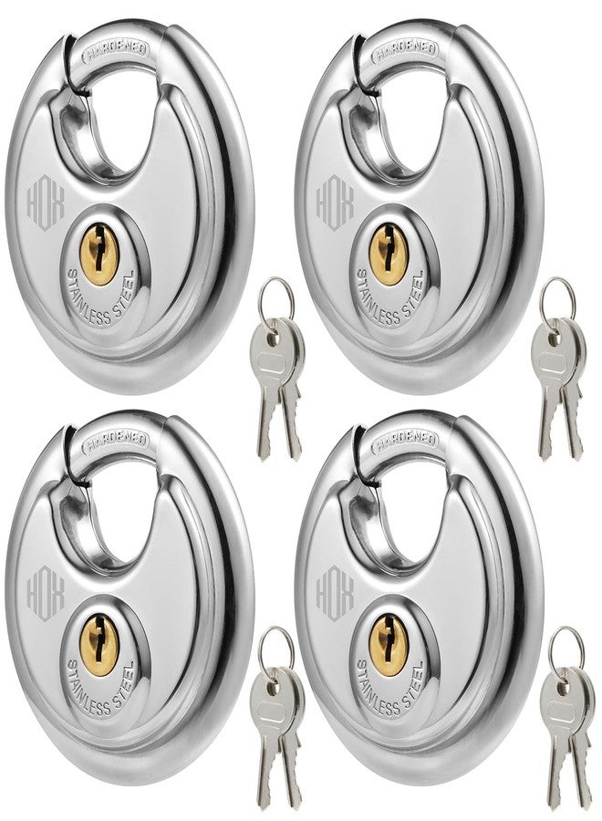 HOX Keyed Disc Padlock, Stainless Steel Keyed-Alike Padlocks, 4-Pack Heavy Duty Locks, Waterproof Outdoors Lock with 3/8 Inch Shackle, 2-3/4 Inch Wide Body, for Hasp Latch, Fences, Storage Locker - Image 1