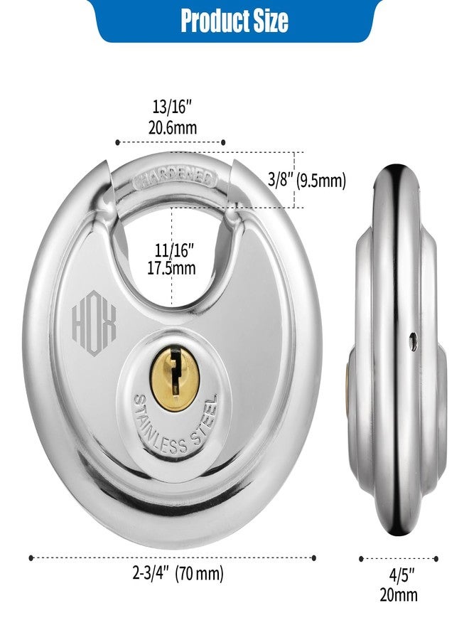 HOX Keyed Disc Padlock, Stainless Steel Keyed-Alike Padlocks, 4-Pack Heavy Duty Locks, Waterproof Outdoors Lock with 3/8 Inch Shackle, 2-3/4 Inch Wide Body, for Hasp Latch, Fences, Storage Locker - Image 3