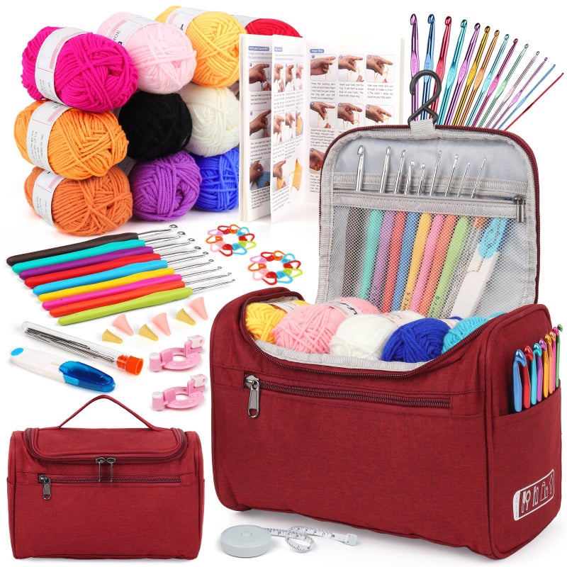 Aeelike Crochet Kit for Beginners Young and Old, First Crochet Kit for Adults Include 23pcs Crocheting Hooks, 655 Yards Yarn Set, Instruction, Bag, Crocheting Accessories and Supplies, WineRed - Image 1