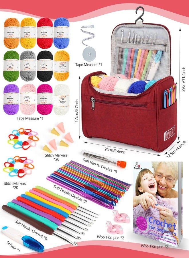 Aeelike Crochet Kit for Beginners Young and Old, First Crochet Kit for Adults Include 23pcs Crocheting Hooks, 655 Yards Yarn Set, Instruction, Bag, Crocheting Accessories and Supplies, WineRed - Image 2