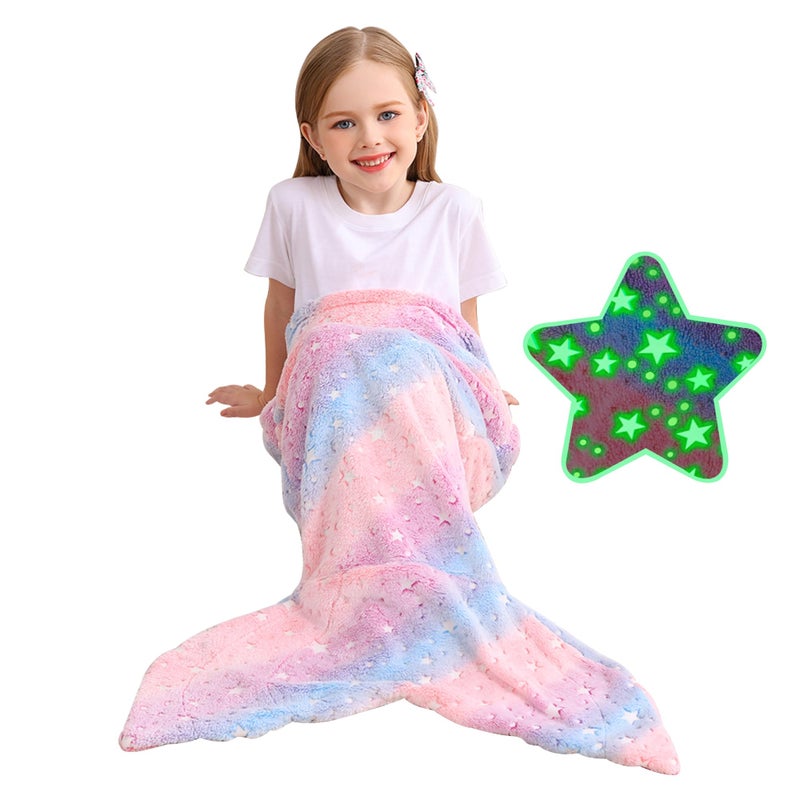 Viviland Kids Mermaid Tail Blanket  Mermaid Tail Blankets Glow in The Dark  Flannel Mermaid Blanket Gifts for Girls  Luminous Star Super Soft Tie Dye Girls Toys  Multicolor Star 1739